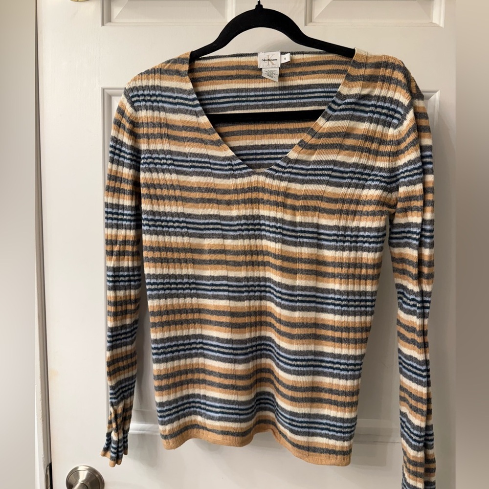Calvin Klein Striped V-Neck Long Sleeve Top
